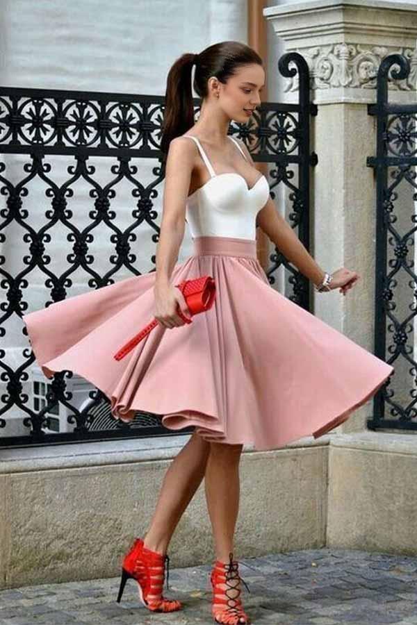 Robe Weitese A-Line à bretelles spaghetti, longueur genou, couleur blush, robe de soirée